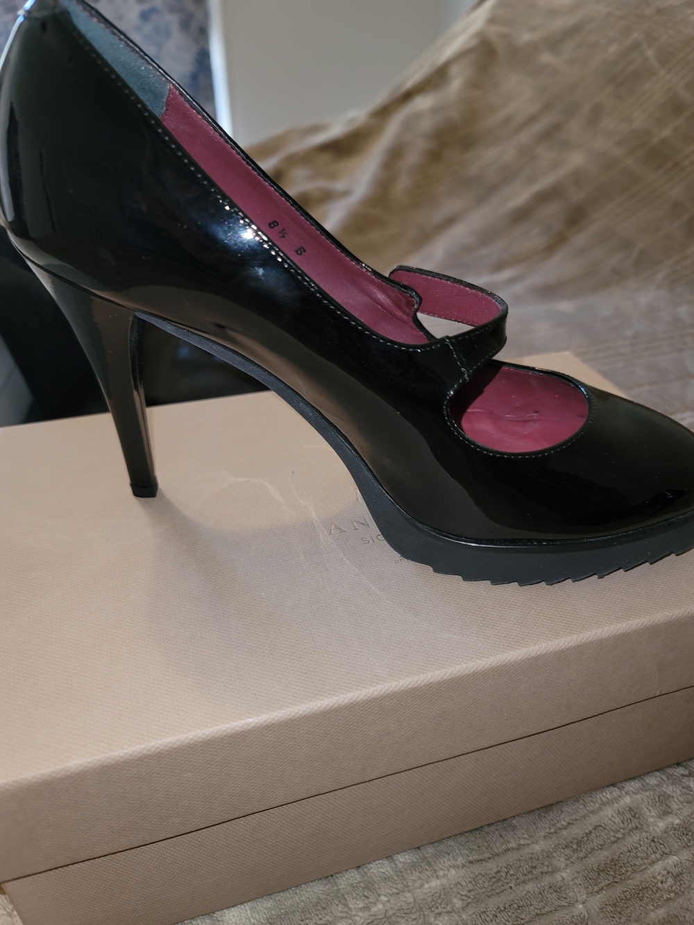 Anyi Lu Black Patent Mary Jane Pump with Pink Lining